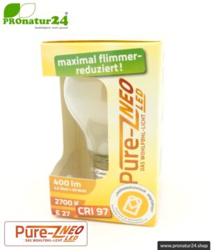 4,2 Watt LED Filament Pure-Z NEO von BioLicht | Mattglas | CRI 97 | Hell wie 38 Watt, 400 Lumen | warmweiß (2700 K) | flimmerfrei (< 1%), E27 Sockel