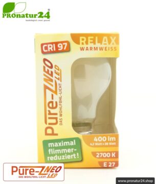 4,2 Watt LED Filament Pure-Z NEO von BioLicht | Mattglas | CRI 97 | Hell wie 38 Watt, 400 Lumen | warmweiß (2700 K) | flimmerfrei (< 1%), E27 Sockel