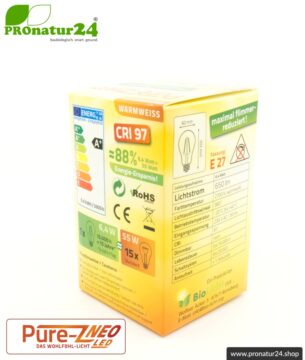 6,4 Watt LED Filament Pure-Z NEO von BioLicht | Mattglas | CRI 97 | Hell wie 55 Watt, 650 Lumen | warmweiß (2700 K) | flimmerfrei (< 1%), E27 Sockel