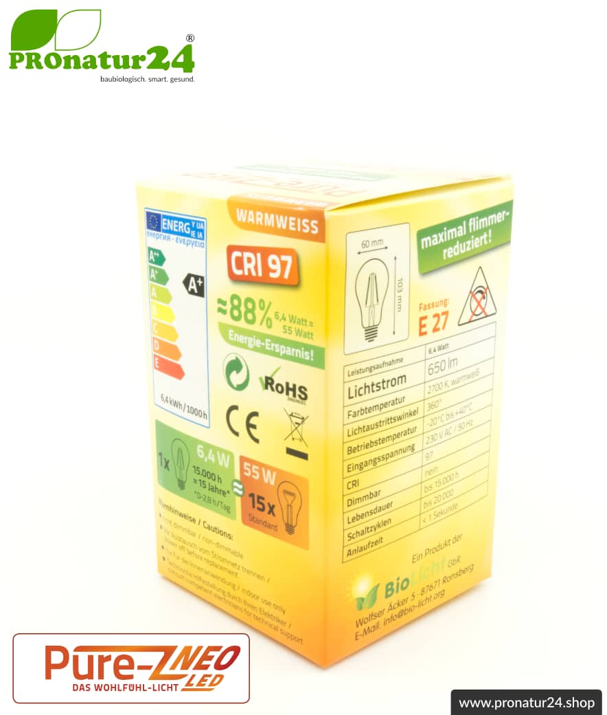 6,4 Watt LED Filament Pure-Z NEO von BioLicht | Mattglas | CRI 97 | Hell wie 55 Watt, 650 Lumen | warmweiß (2700 K) | flimmerfrei (< 1%), E27 Sockel