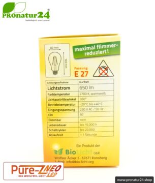 6,4 Watt LED Filament Pure-Z NEO von BioLicht | Mattglas | CRI 97 | Hell wie 55 Watt, 650 Lumen | warmweiß (2700 K) | flimmerfrei (< 1%), E27 Sockel