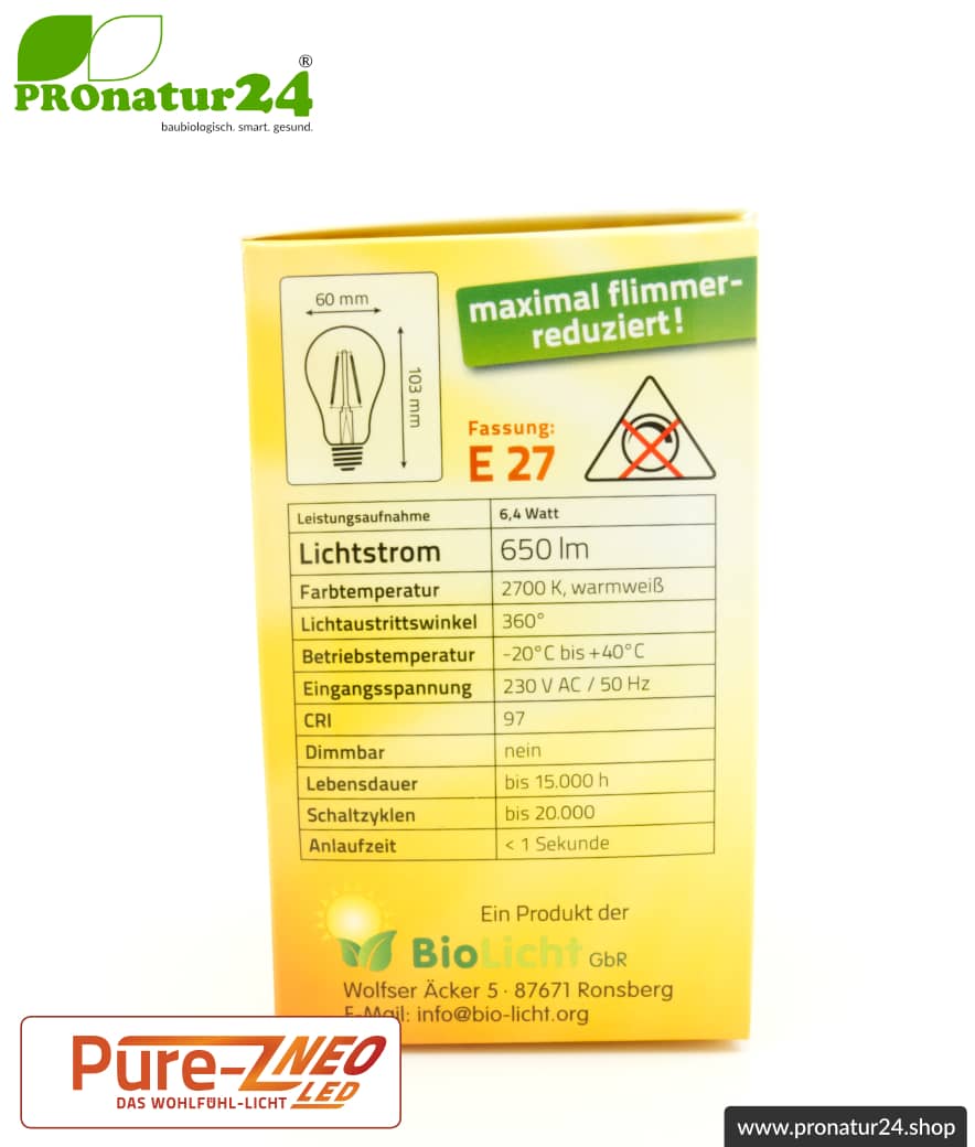 6,4 Watt LED Filament Pure-Z NEO von BioLicht | Mattglas | CRI 97 | Hell wie 55 Watt, 650 Lumen | warmweiß (2700 K) | flimmerfrei (< 1%), E27 Sockel