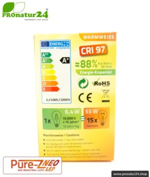 6,4 Watt LED Filament Pure-Z NEO von BioLicht | Mattglas | CRI 97 | Hell wie 55 Watt, 650 Lumen | warmweiß (2700 K) | flimmerfrei (< 1%), E27 Sockel