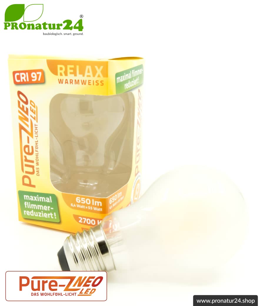 6,4 Watt LED Filament Pure-Z NEO von BioLicht | Mattglas | CRI 97 | Hell wie 55 Watt, 650 Lumen | warmweiß (2700 K) | flimmerfrei (< 1%), E27 Sockel