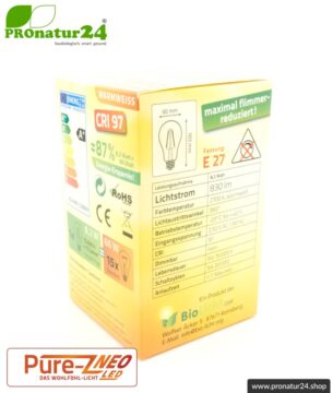 8,2 Watt LED Filament Pure-Z NEO von BioLicht | Mattglas | CRI 97 | Hell wie 66 Watt, 400 Lumen | warmweiß (2700 K) | flimmerfrei (< 1%), E27 Sockel