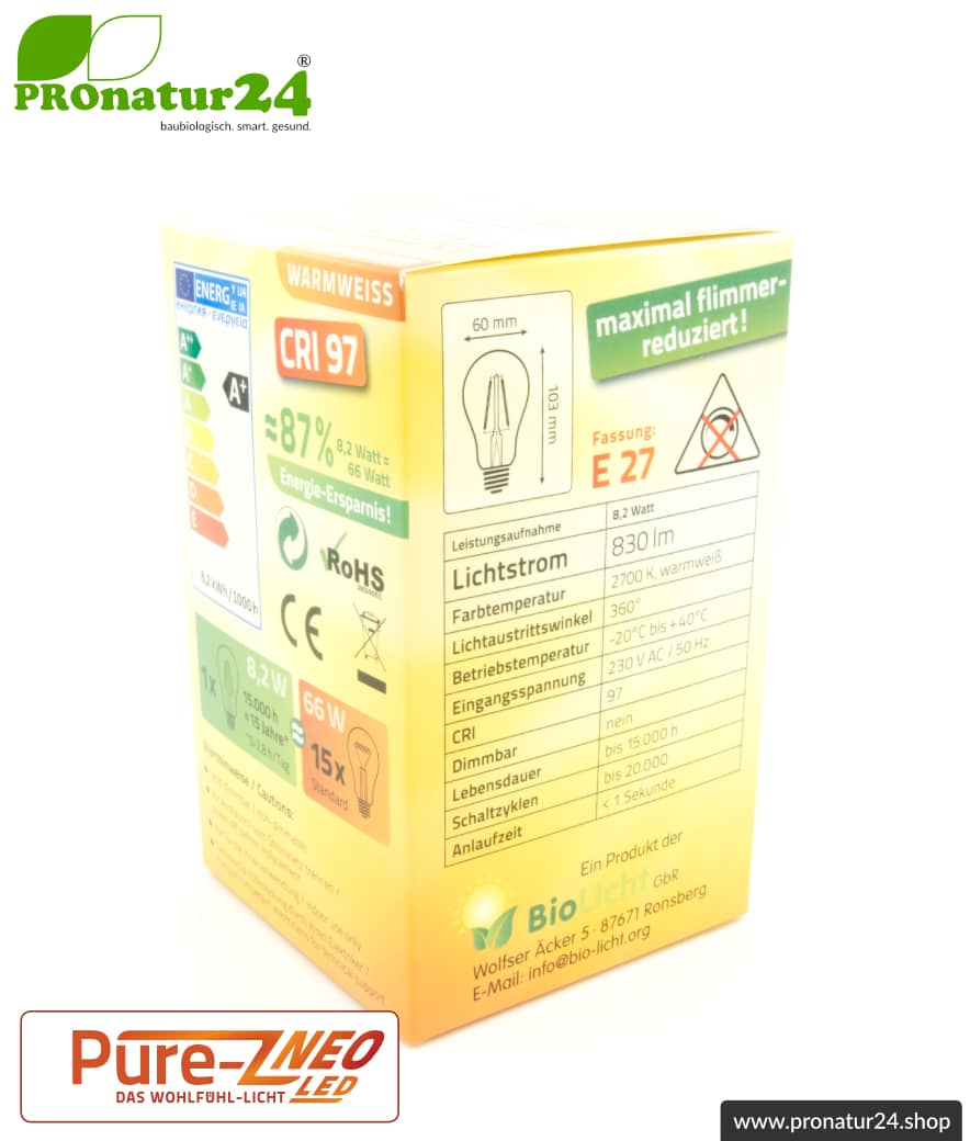 8,2 Watt LED Filament Pure-Z NEO von BioLicht | Mattglas | CRI 97 | Hell wie 66 Watt, 400 Lumen | warmweiß (2700 K) | flimmerfrei (< 1%), E27 Sockel