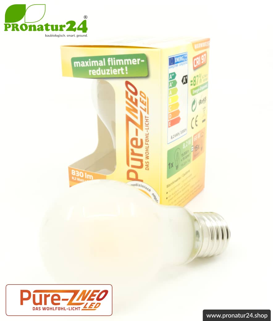 8,2 Watt LED Filament Pure-Z NEO von BioLicht | Mattglas | CRI 97 | Hell wie 66 Watt, 400 Lumen | warmweiß (2700 K) | flimmerfrei (< 1%), E27 Sockel