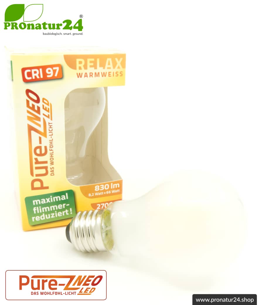 8,2 Watt LED Filament Pure-Z NEO von BioLicht | Mattglas | CRI 97 | Hell wie 66 Watt, 400 Lumen | warmweiß (2700 K) | flimmerfrei (< 1%), E27 Sockel