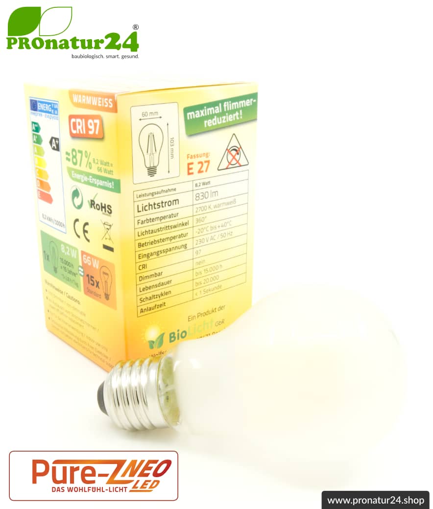 8,2 Watt LED Filament Pure-Z NEO von BioLicht | Mattglas | CRI 97 | Hell wie 66 Watt, 400 Lumen | warmweiß (2700 K) | flimmerfrei (< 1%), E27 Sockel