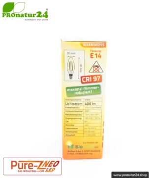 4 Watt LED Filament Pure-Z NEO von BioLicht | Klarglas | CRI 97 | Hell wie 38 Watt, 400 Lumen | warmweiß (2700 K) | flimmerfrei (< 1%), E14 Sockel