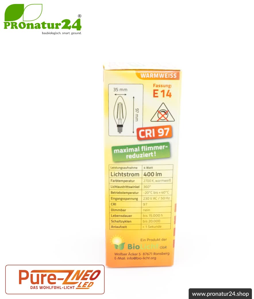 4 Watt LED Filament Pure-Z NEO von BioLicht | Klarglas | CRI 97 | Hell wie 38 Watt, 400 Lumen | warmweiß (2700 K) | flimmerfrei (< 1%), E14 Sockel