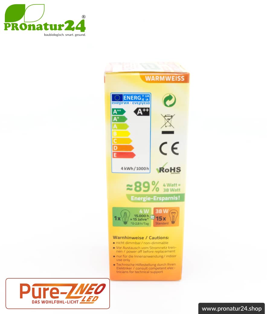 4 Watt LED Filament Pure-Z NEO von BioLicht | Klarglas | CRI 97 | Hell wie 38 Watt, 400 Lumen | warmweiß (2700 K) | flimmerfrei (< 1%), E14 Sockel