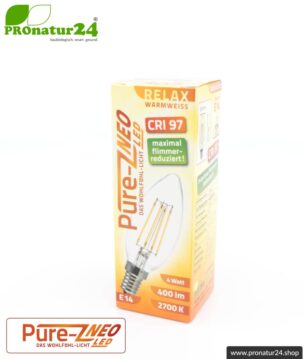 4 Watt LED Filament Pure-Z NEO von BioLicht | Klarglas | CRI 97 | Hell wie 38 Watt, 400 Lumen | warmweiß (2700 K) | flimmerfrei (< 1%), E14 Sockel