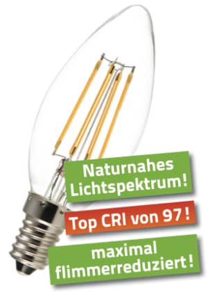 4 Watt LED Filament Pure-Z NEO von BioLicht | Klarglas | CRI 97 | Hell wie 38 Watt, 400 Lumen | warmweiß (2700 K) | flimmerfrei (< 1%), E14 Sockel 4 Watt LED Filament Pure-Z NEO von BioLicht | Klarglas | CRI 97 | Hell wie 38 Watt, 400 Lumen | warmweiß (2700 K) | flimmerfrei (< 1%), E14 Sockel