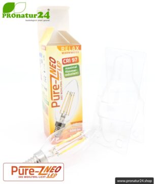 4 Watt LED Filament Pure-Z NEO von BioLicht | Klarglas | CRI 97 | Hell wie 38 Watt, 400 Lumen | warmweiß (2700 K) | flimmerfrei (< 1%), E14 Sockel