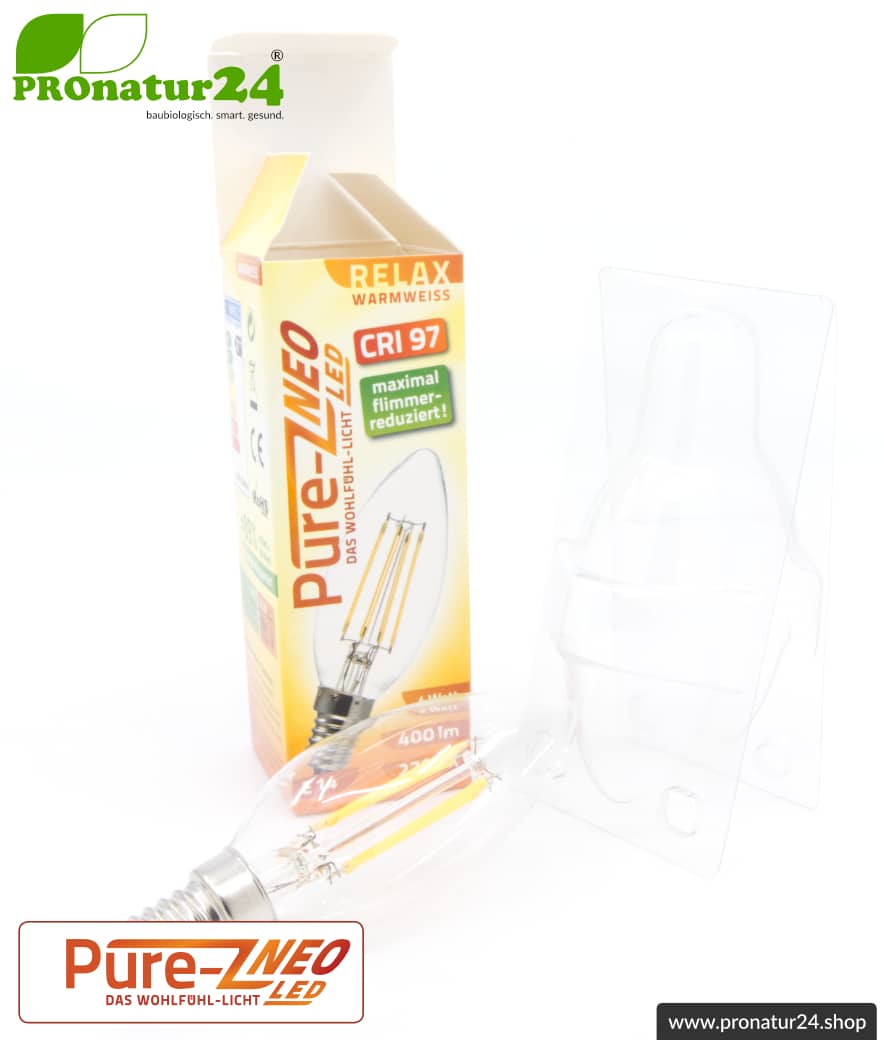 4 Watt LED Filament Pure-Z NEO von BioLicht | Klarglas | CRI 97 | Hell wie 38 Watt, 400 Lumen | warmweiß (2700 K) | flimmerfrei (< 1%), E14 Sockel
