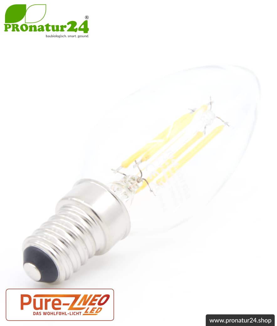 4 Watt LED Filament Pure-Z NEO von BioLicht | Klarglas | CRI 97 | Hell wie 38 Watt, 400 Lumen | warmweiß (2700 K) | flimmerfrei (< 1%), E14 Sockel